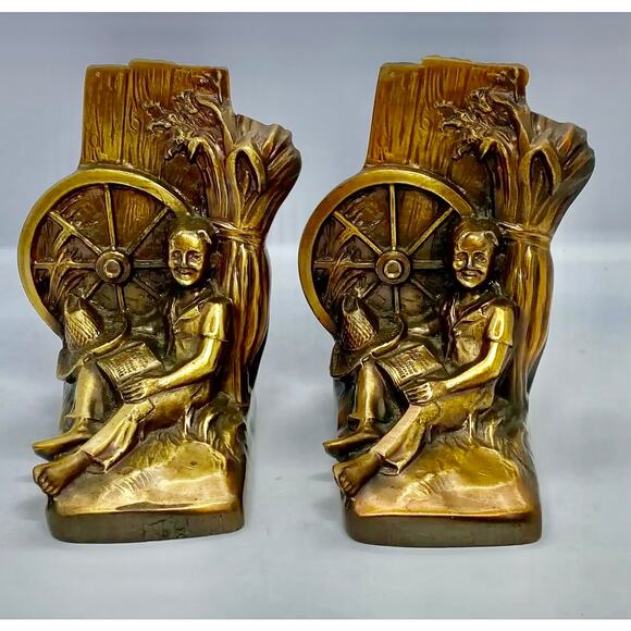 Mid 20th Century Tom Sawyer Huck Finn Bronzed Finish Metalware Bookends - A Pair - Picture 3 of 11